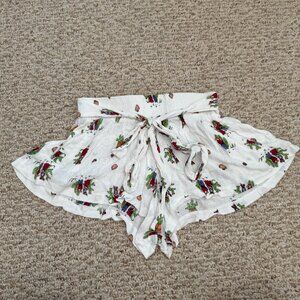 Three Days Cactus‎ Print Flouncy Shorts White Small Breathable Waist-tie Beach